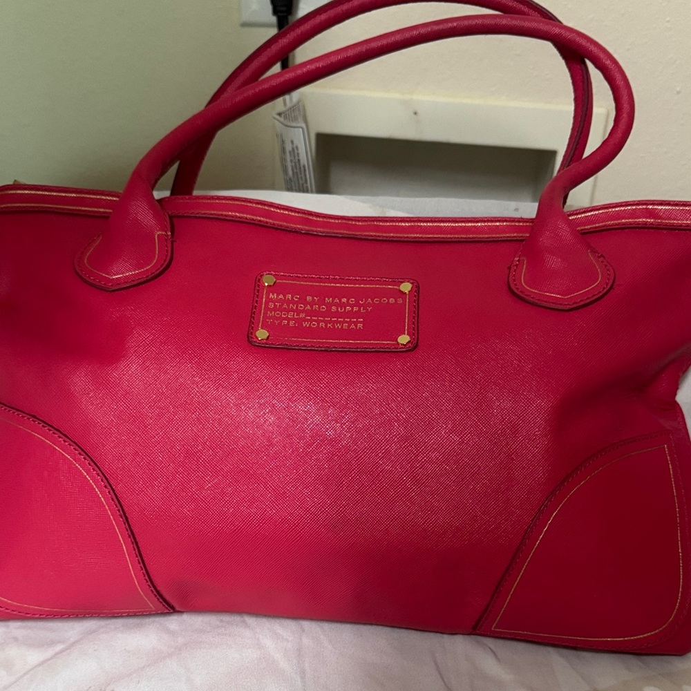 Marc by Marc Jacobs Bright Pink Saffiano Tote with Gold Plaque